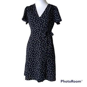 Navy Polka Dot Faux Wrap Always Indigo Midi Swing Dress Vintage Inspired